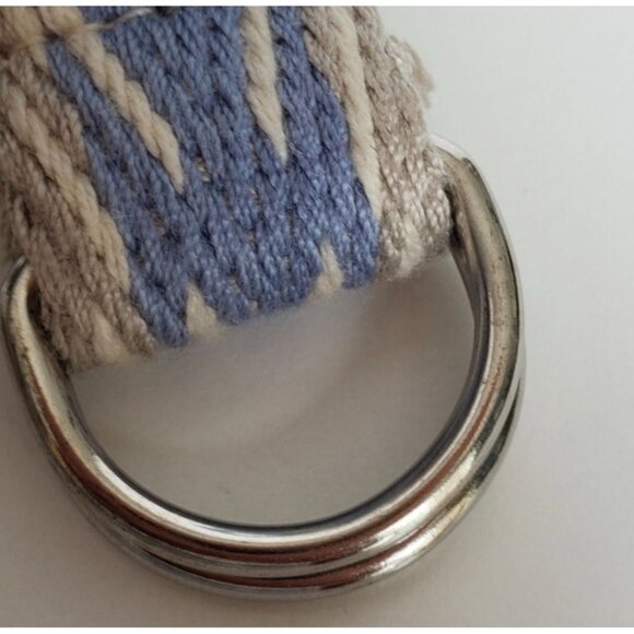 Woven Boho Chic Belt With Blue & Beige Geometric Pattern And D-Ring - Picture 4 of 10